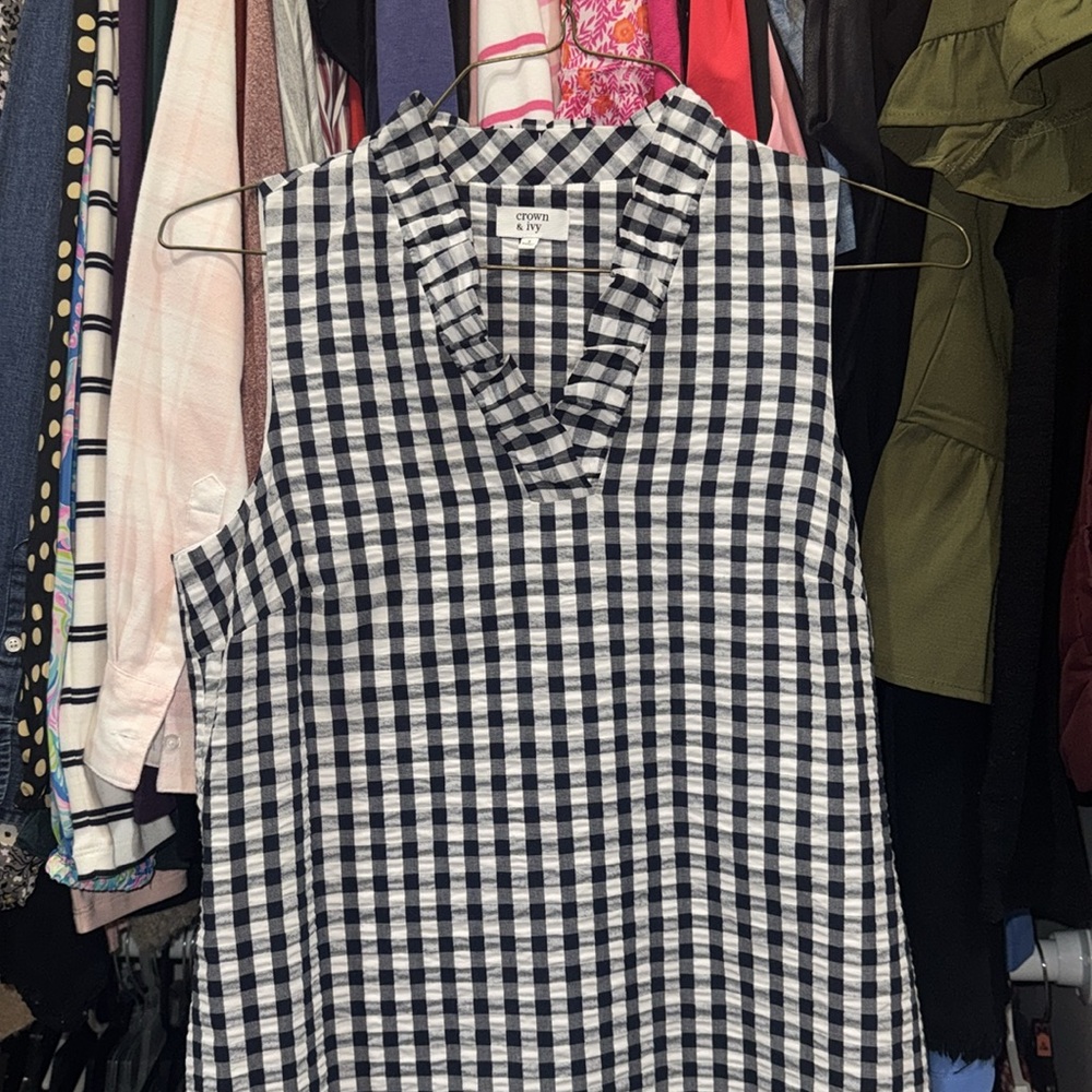 Crown & Ivy Navy Gingham Sleeveless Ruffle Collar Dress Size 2 - Picture 2 of 7